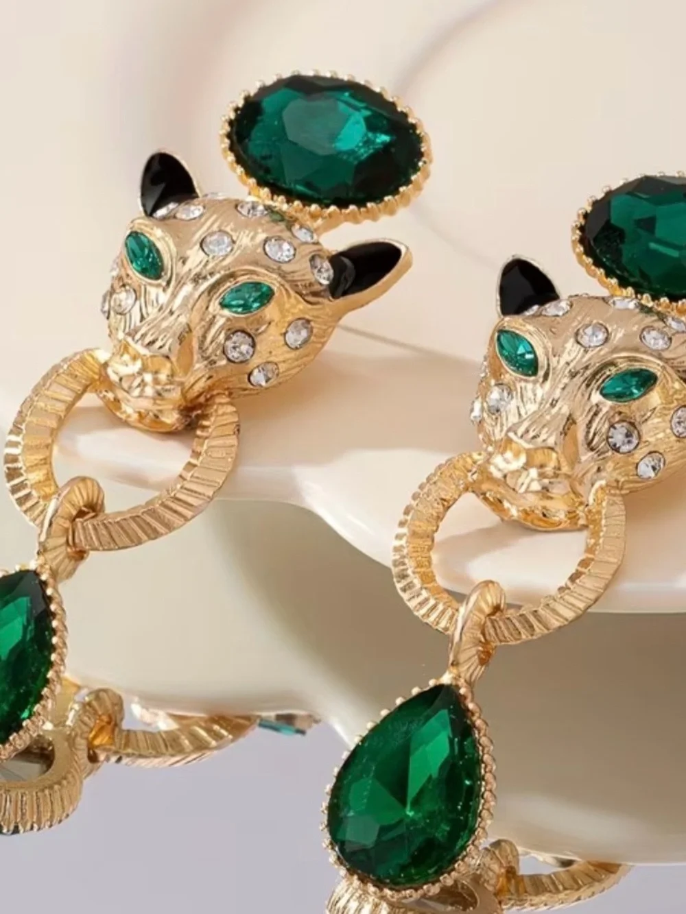Gold Leopard Hoop Drop Earrings with Emerald Green Crystals - Women Jewelry
